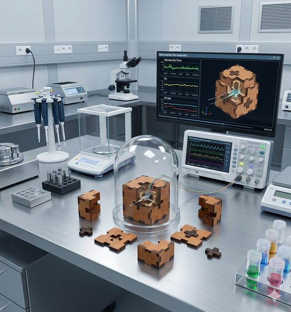 A precise wooden interlocking cube puzzle rests as a calibration instrument on a stainless steel laboratory workbench, surrounded by clean diagnostic monitors displaying biological tracking metrics.