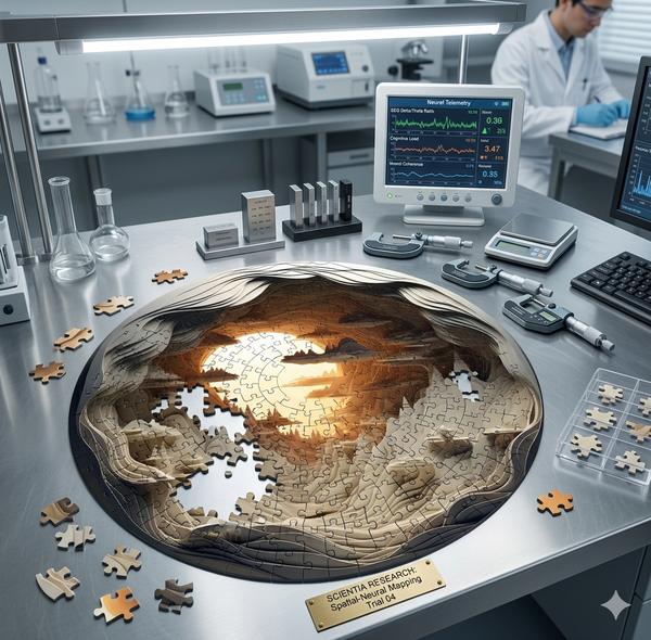 A high-precision 1000-piece circular puzzle showing a 3D cave landscape is laid flat on a laboratory workbench surrounded by electronic calibration tools and testing arrays under clean white light.