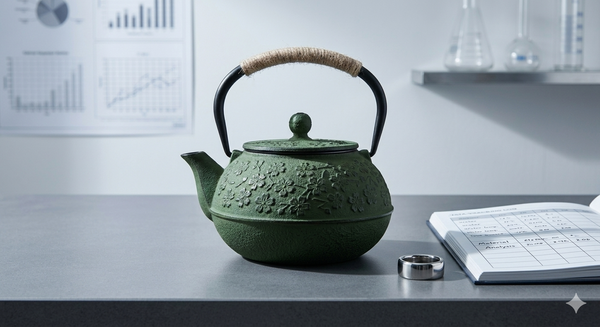 Green Japanese Tetsubin cast iron kettle on a grey stone counter in a lab next to a silver ring and a data log notebook.