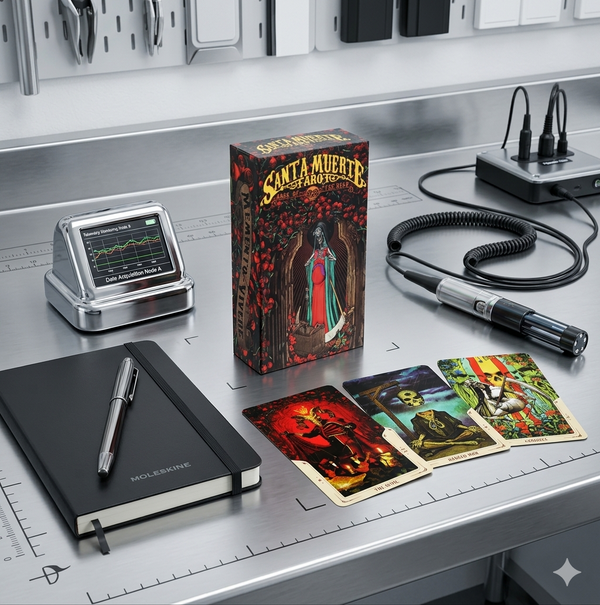 Santa Muerte Tarot box and cards on a stainless steel tech workbench next to a black notebook and digital monitor.