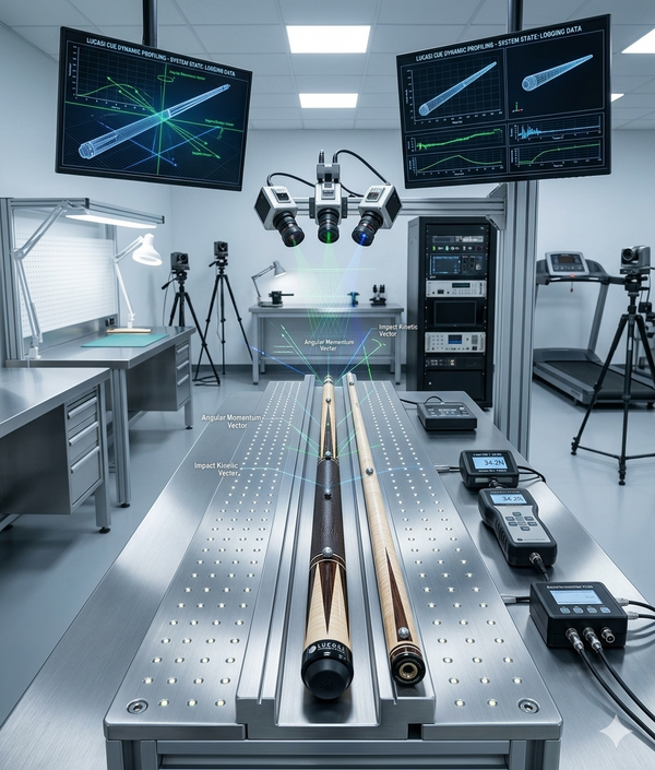 A high-precision mechanical calibration environment featuring bright white lighting and steel testing platforms, where the Lucasi LUX51 low deflection pool cue is displayed centrally as a technical calibration instrument for motor control optimization.