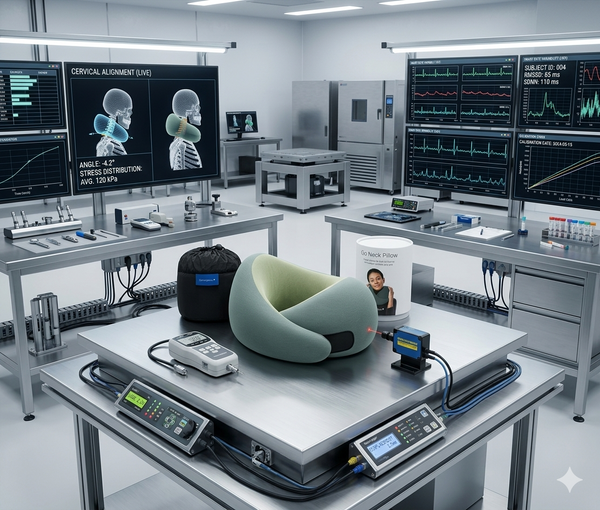 A pristine medical testing facility with analytical tracking arrays and steel workbenches, where the Ostrichpillow Go Neck Pillow is displayed centrally as a technical calibration instrument for biological stress reduction.