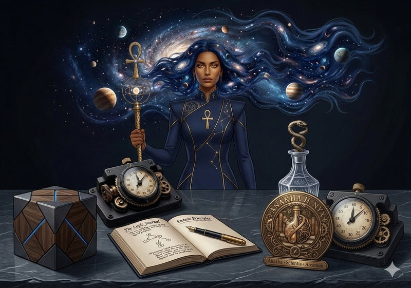 Goddess Anakha with galaxy hair sits behind an open logic journal and puzzle cube on a dark marble table.
