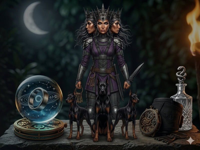 The triple-headed goddess in dark purple armor stands beside three black Doberman dogs, showcasing an astronomical planet ring glass orb and a steampunk mechanical wrist cuff on her stone desk under a crescent moon.