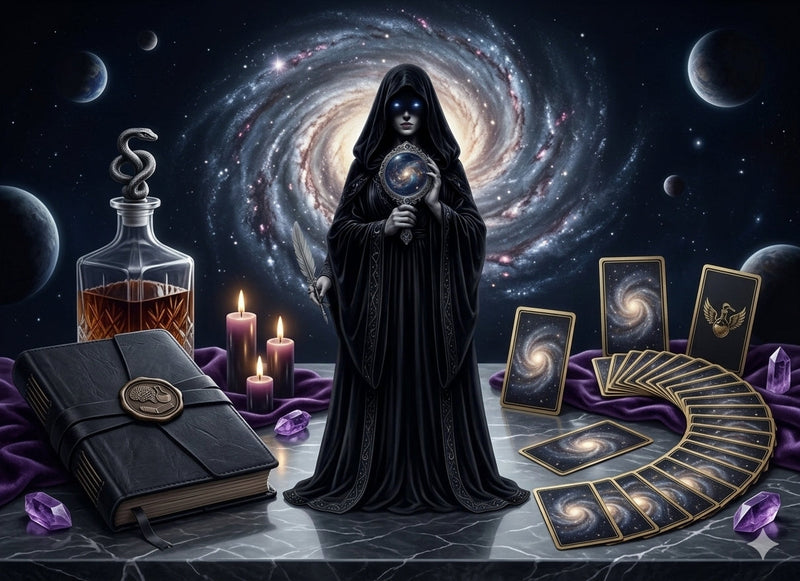Hooded goddess Nyx stands behind a black leather grimoire and a sweeping wave of gold tarot cards.