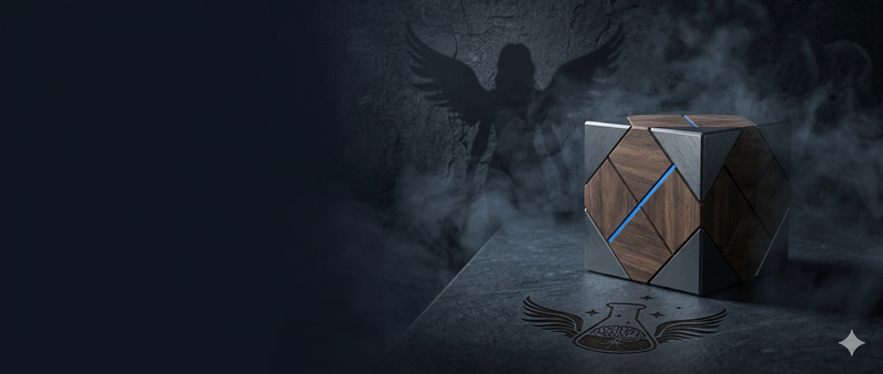 Luxury dark academia banner of a mechanical walnut and graphite cognitive puzzle cube on a slate desk, featuring an etched winged flask logo and the subtle silhouette shadow of the goddess Anakha on a stone background wall.