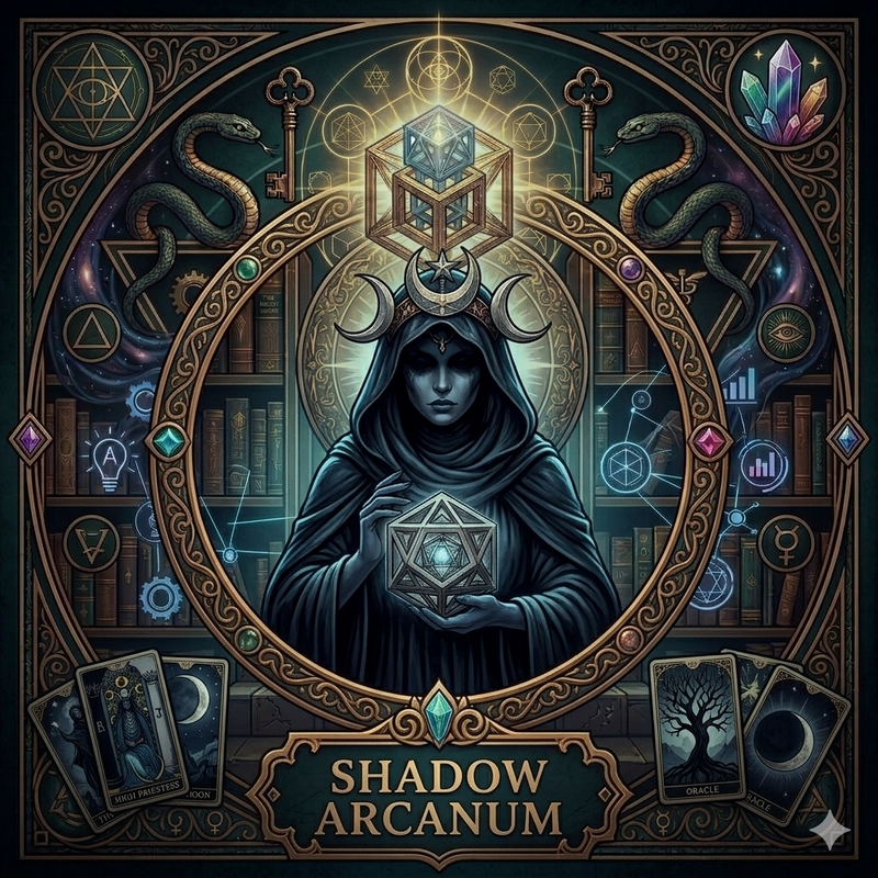 Tarot-style square banner for the Shadow Arcanum collection, featuring a gold nameplate reading Shadow Arcanum beneath the dark, hooded avatar Nyx, framed by gothic tarot cards, geometric sigils, and a cosmic night background.