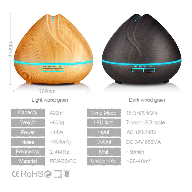 400ml Ultrasonic Essential Oil Diffuser - Faux Wood Cool Mist Humidifier