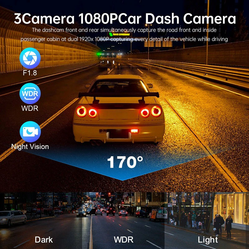 Car Triple Lens Dash Cam HD 1080P