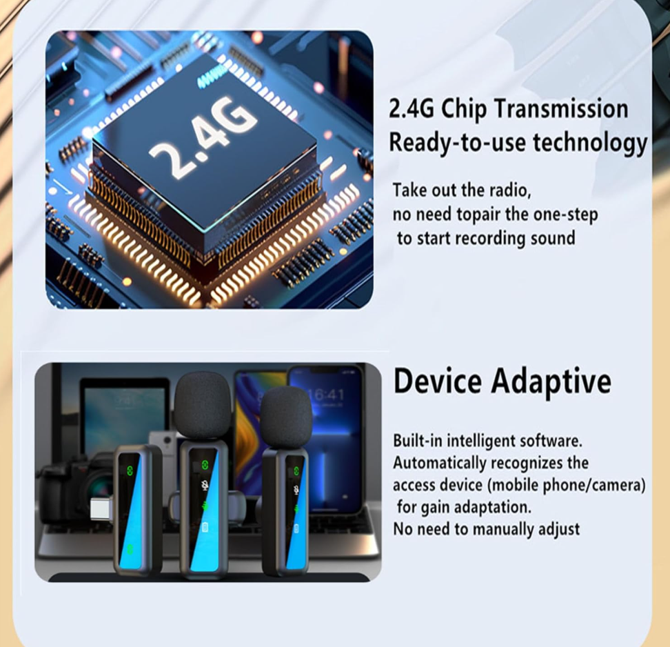 Infographic showing a 2.4G transmission chip and automatic device-adaptive gain software for wireless clip-on microphones.