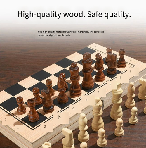 Close-up macro view of carved dark brown and natural wood chess pieces arranged on a wooden folding board.