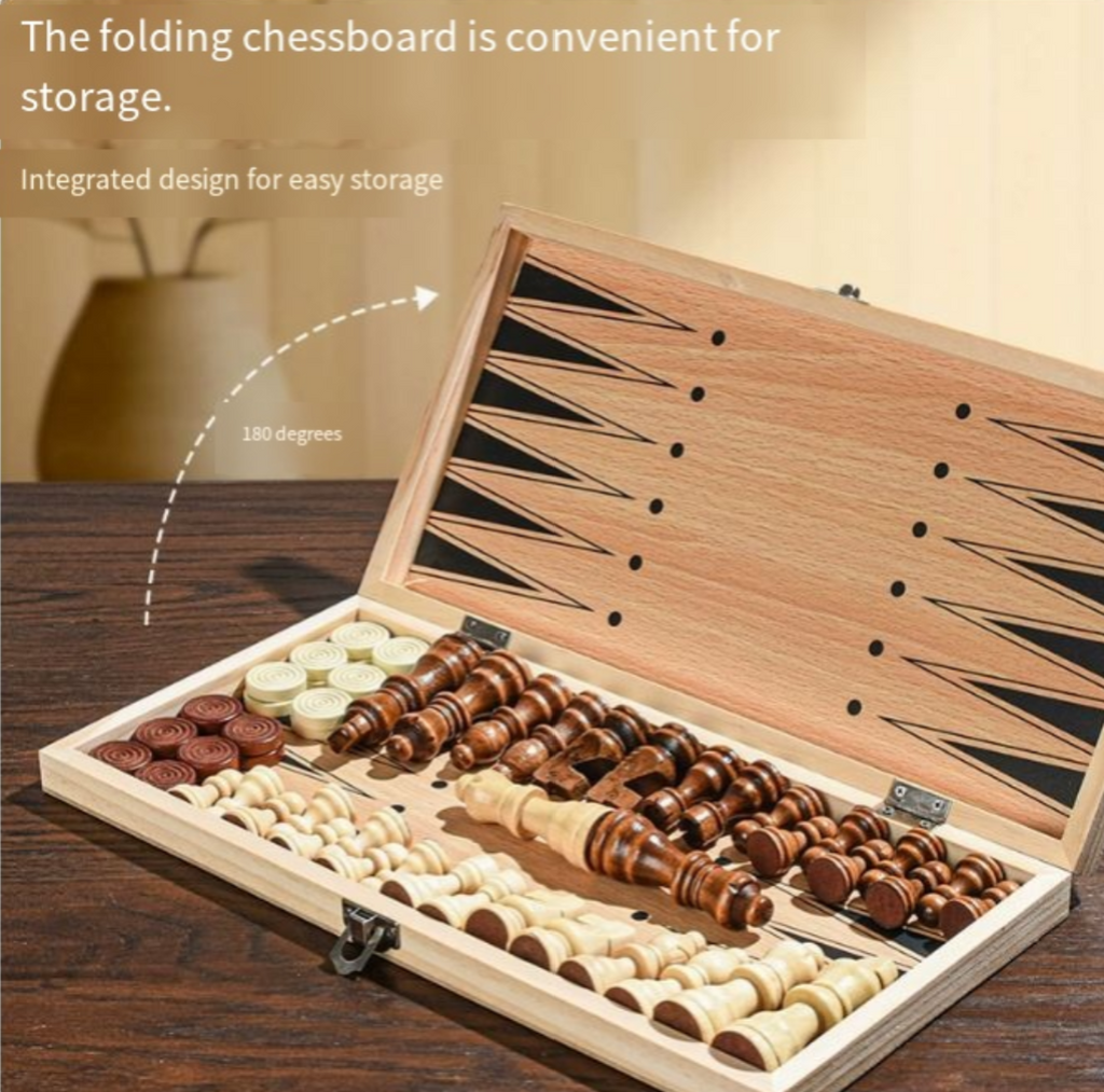 Open folding board revealing the interior backgammon field layout and neatly stored wooden game pieces.