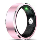 Close-up shot of the interior biometric sensors inside the Smart R5 metallic ring band.