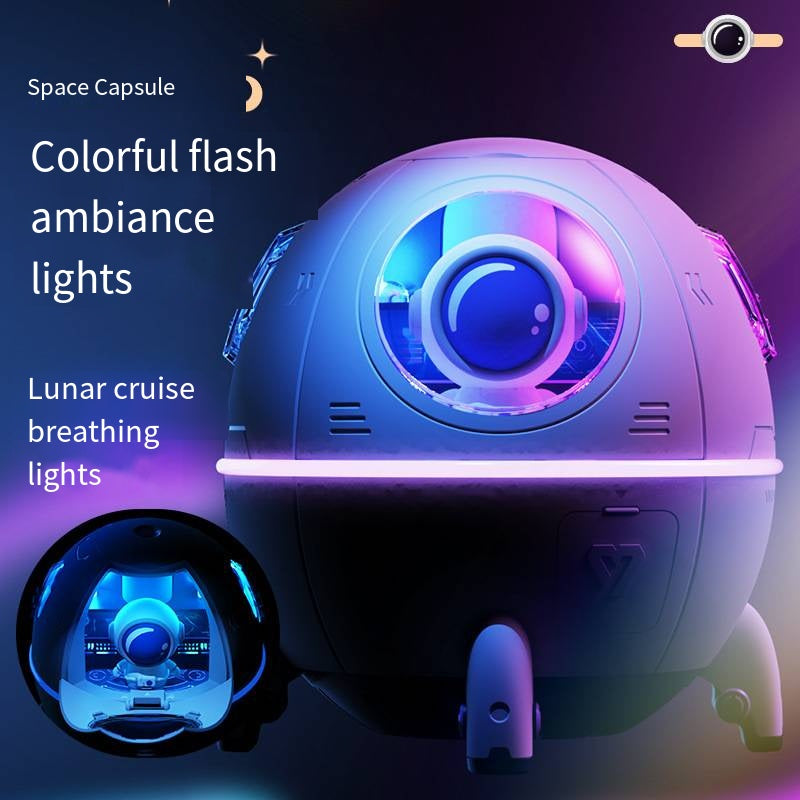 The cosmic light purple space capsule humidifier illuminating a dark bedroom nightstand with its integrated LED glow.