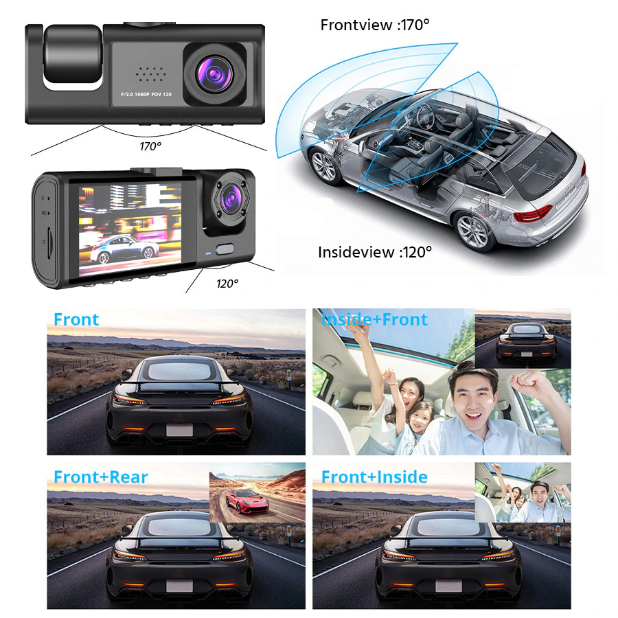 Car Triple Lens Dash Cam HD 1080P