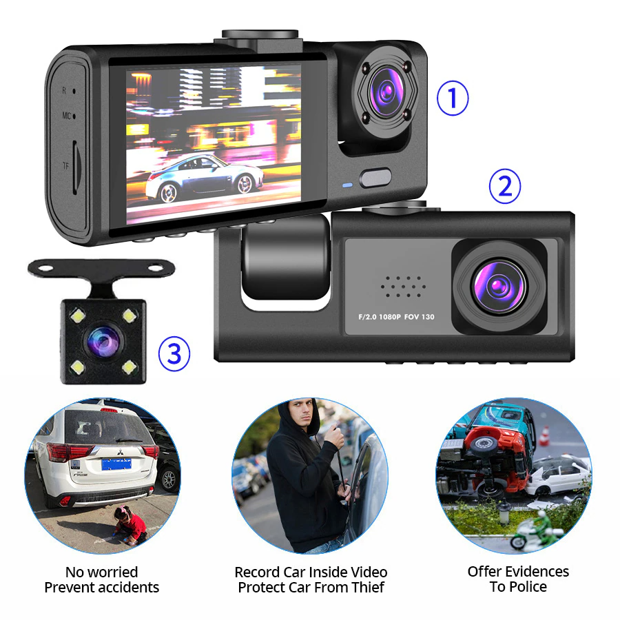 Car Triple Lens Dash Cam HD 1080P