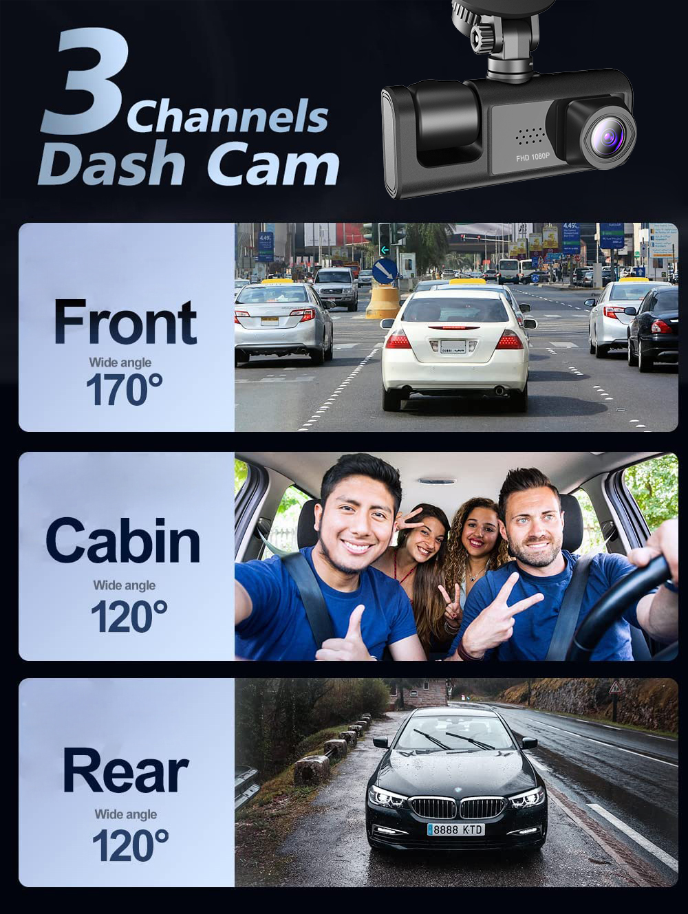 Car Triple Lens Dash Cam HD 1080P