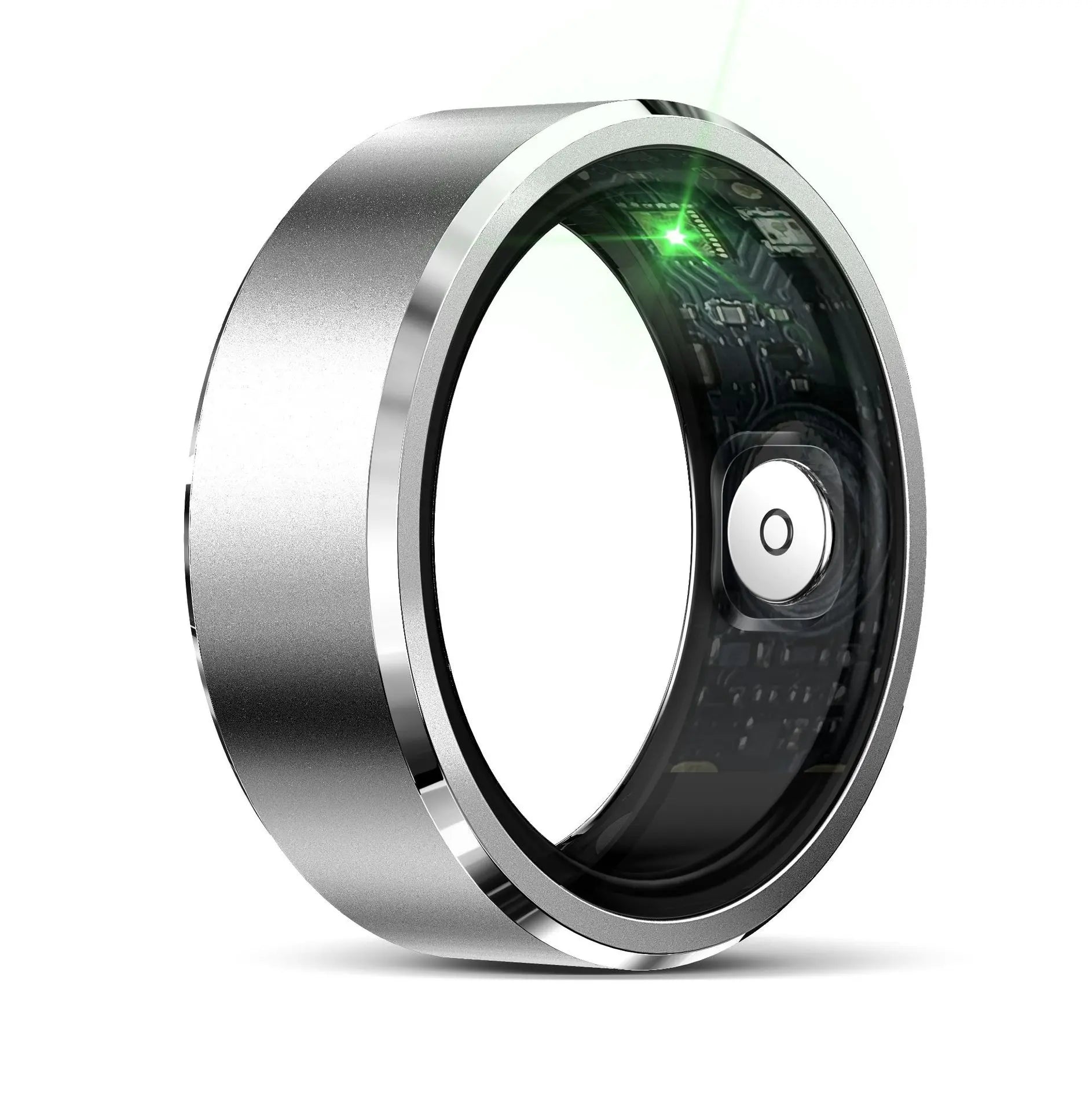 Close-up shot of the interior biometric sensors inside the Smart R5 metallic ring band.