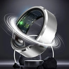 Close-up of a silver smart ring featuring a glowing green LED sensor and visible internal circuit board elements.