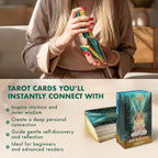 A spiritual seeker with red nails shuffling a thick green tarot card deck to display the brilliant gold gilded edges.