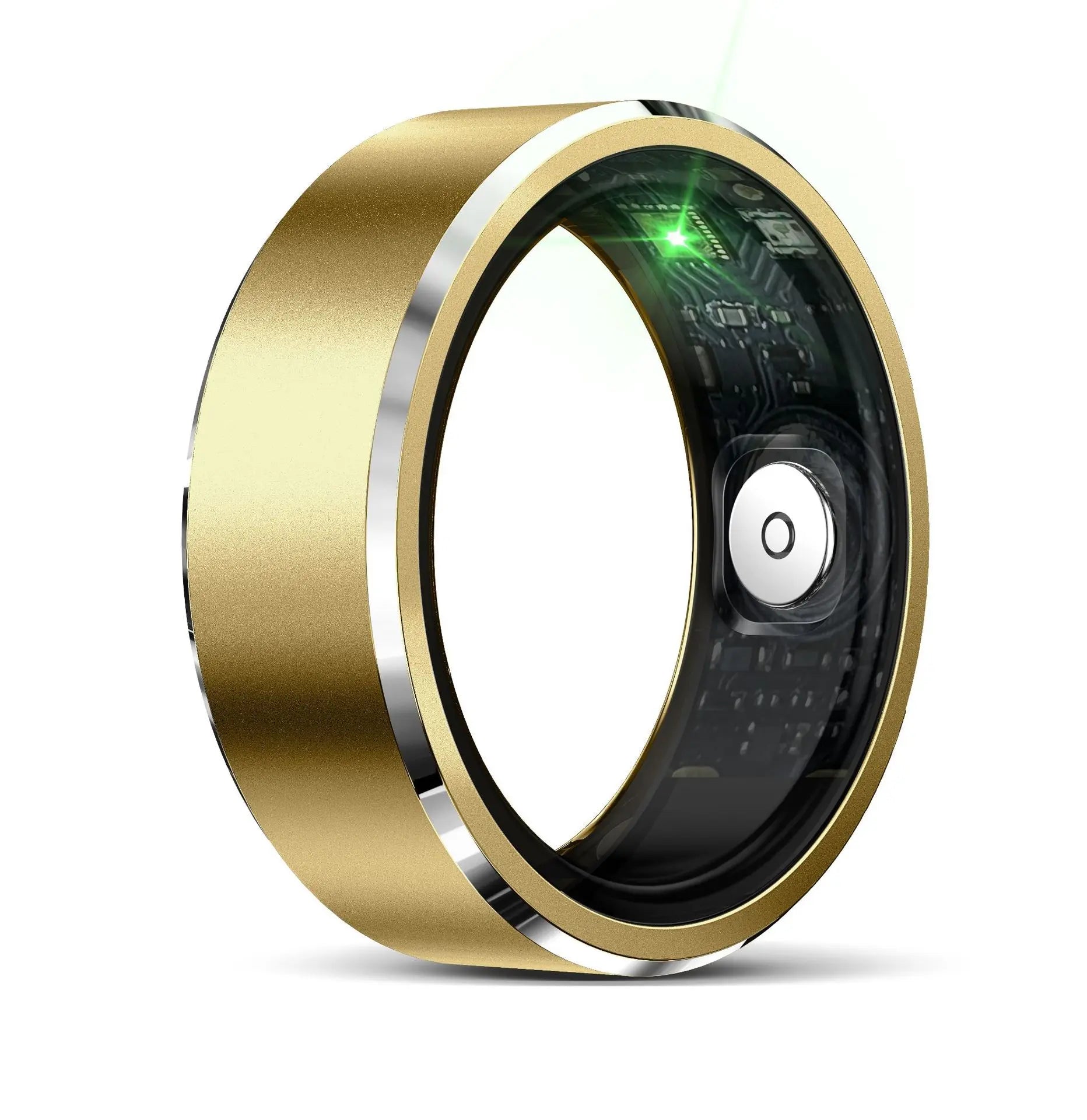 Close-up shot of the interior biometric sensors inside the Smart R5 metallic ring band.