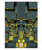 Tarot card featuring a grey skull integrated into a complex green and gold architectural grid pattern.