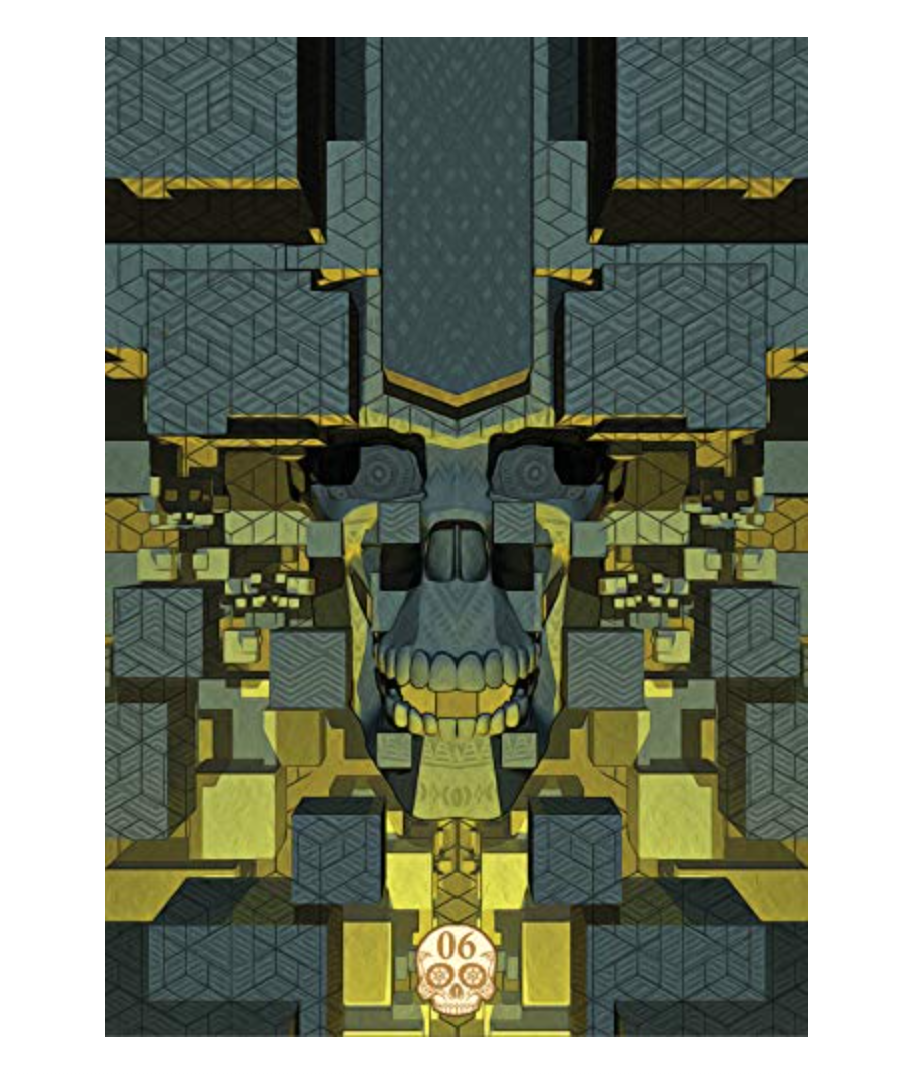 Tarot card featuring a grey skull integrated into a complex green and gold architectural grid pattern.