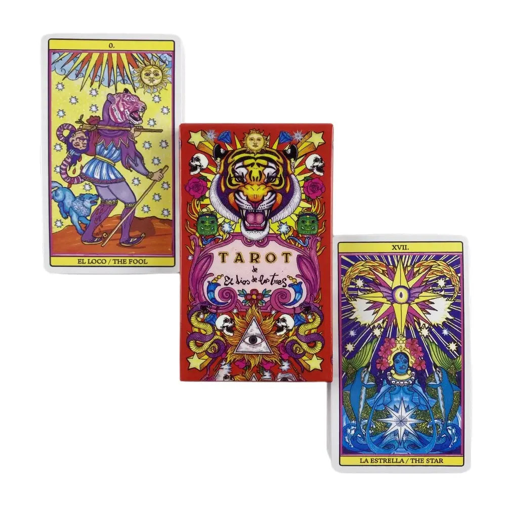 Three vertical modern tarot cards arranged in a line showing deep blues, purples, and intense geometric artwork.
