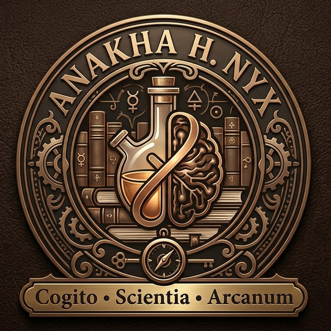 Anakha H. Nyx bronze brand emblem on dark leather representing three store collections. Central laboratory flask intertwined with an anatomical brain visualizes Library of Cogito, Elemental Scientia, and Shadow Arcanum pillars. Lower metallic banner reads Cogito, Scientia, Arcanum below a small compass dial.