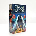 Three-quarter angled view of the Crow Tarot card box showing its artistic side-panel illustrations.
