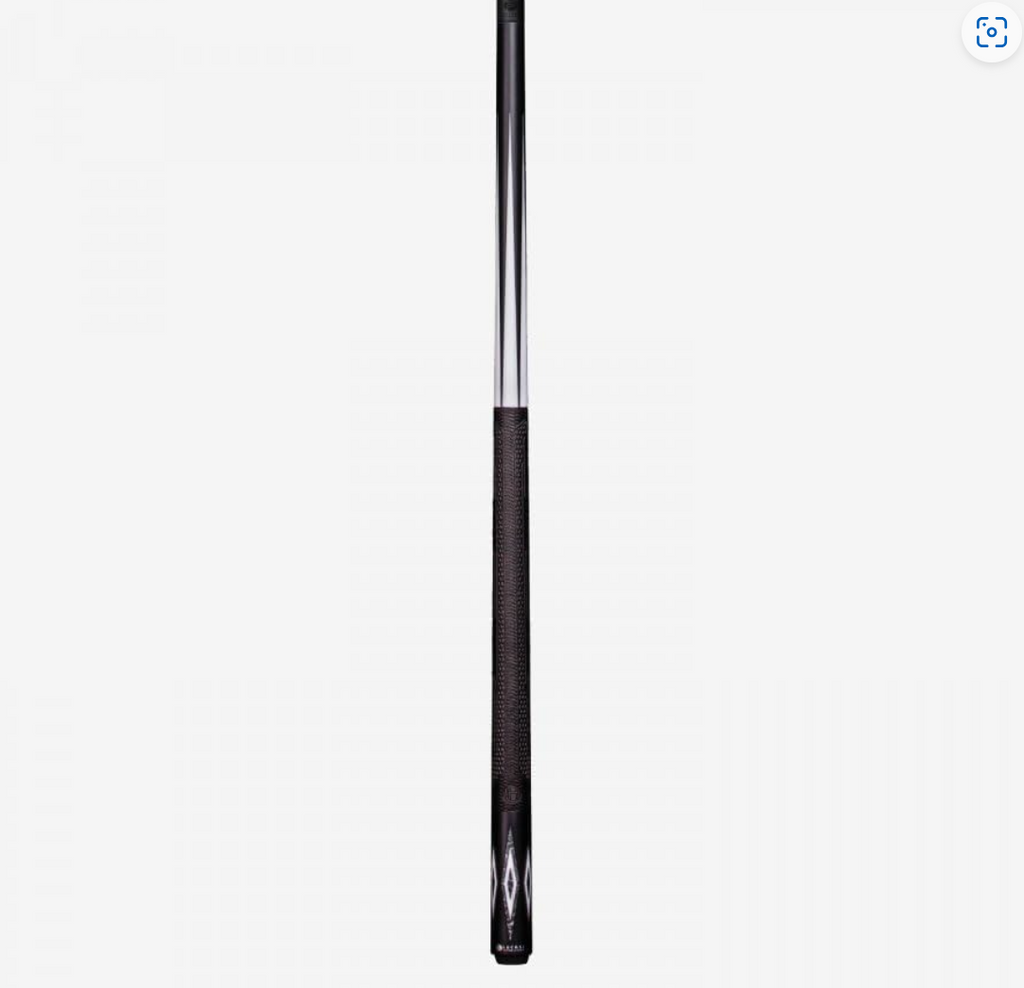 Pool cue featuring a textured black grip, white diamond inlays near the butt, and a smooth light‑colored shaft.