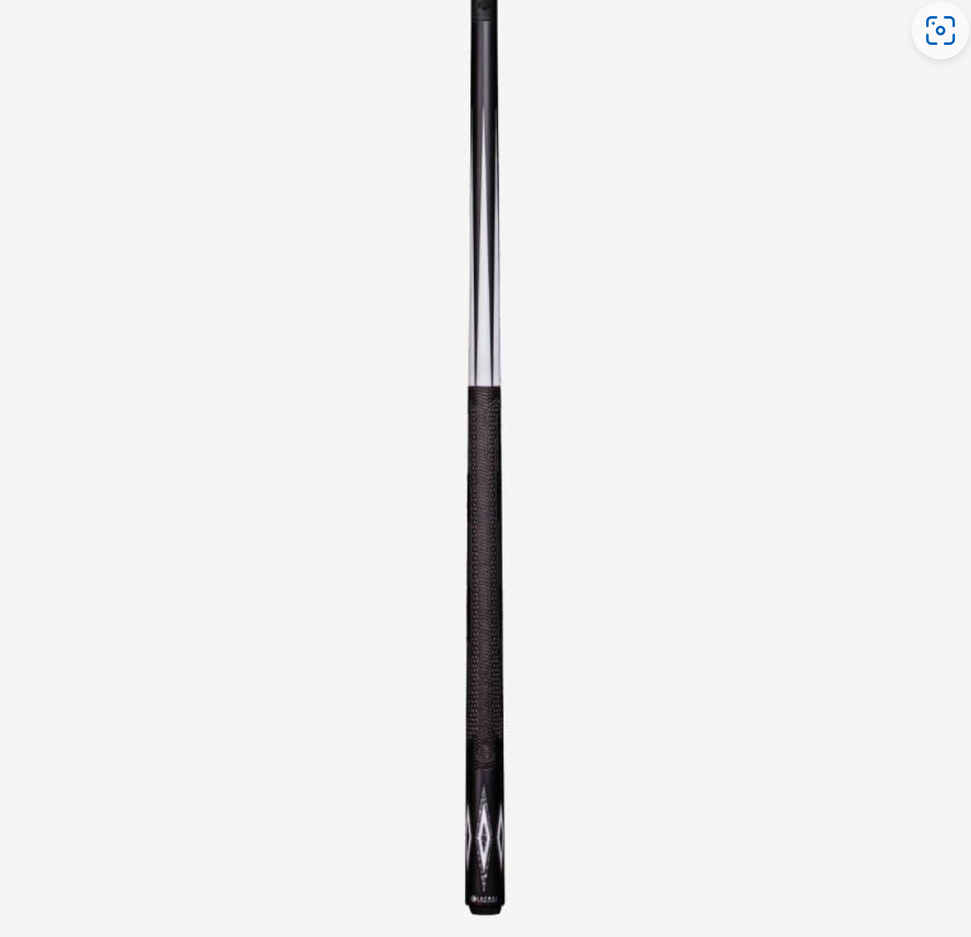 Pool cue featuring a textured black grip, white diamond inlays near the butt, and a smooth light‑colored shaft.