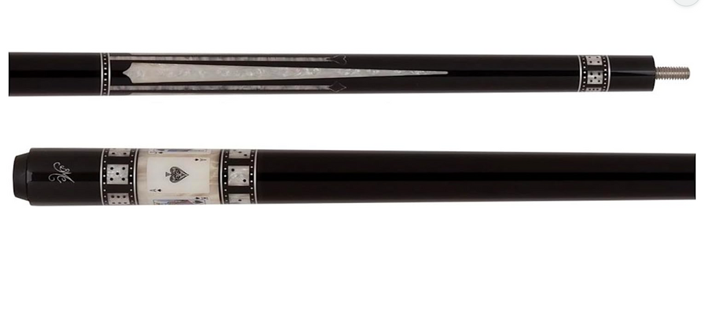 Black Meucci MECAS 10 pool cue with Pearl Paua Shell points and Ace of Spades inlay near the joint.