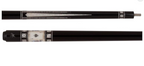 Black Meucci MECAS 10 pool cue with Pearl Paua Shell points and Ace of Spades inlay near the joint.