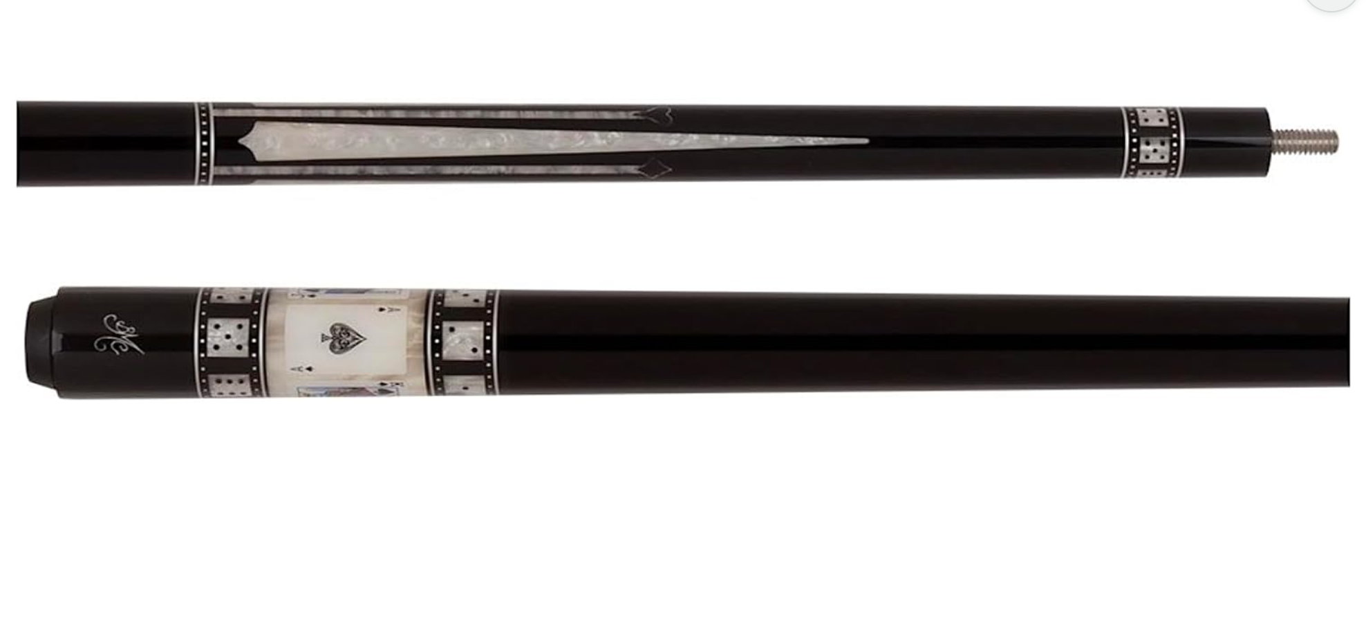 Black Meucci MECAS 10 pool cue with Pearl Paua Shell points and Ace of Spades inlay near the joint.