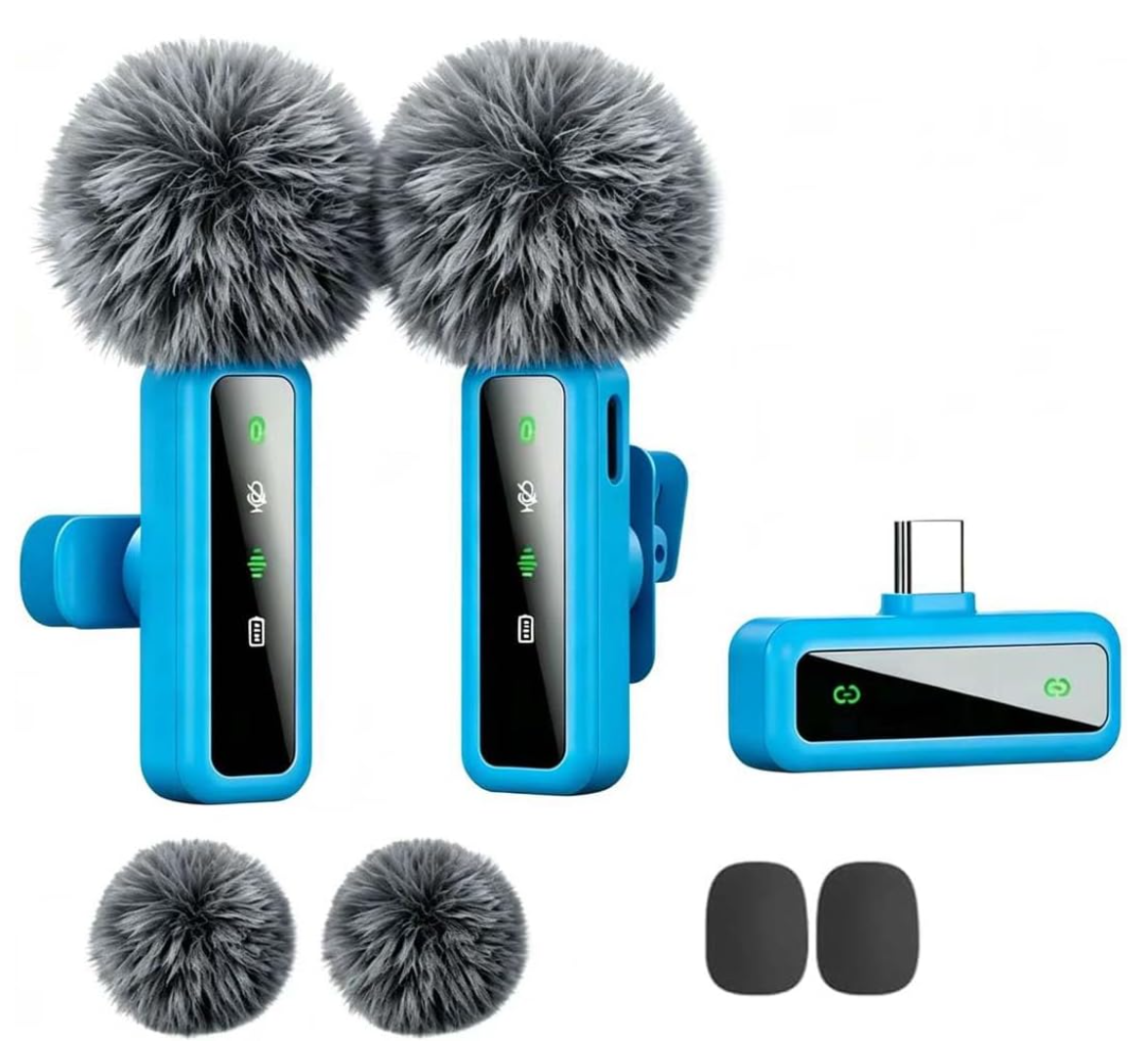 Blue wireless dual microphone bundle featuring a USB Type-C plug-in receiver, furry muffs, and replacement wind covers.