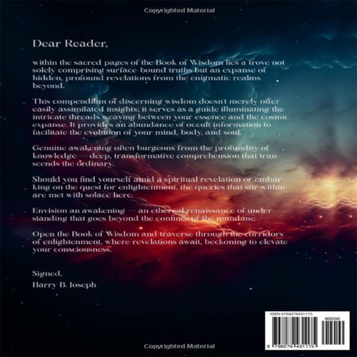 The back cover of this Harry Blaine Joseph esoteric book features an introductory letter to the reader outlining spiritual awakening insights, cosmic consciousness concepts, and occult information for the mind, body, and soul. The design displays high-contrast white text set against a dramatic, glowing interstellar space background and is completed by an official ISBN 9798279431175 barcode label.