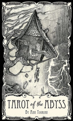 The monochrome front cover of the Tarot of the Abyss deck box by Ana Tourian featuring an illustration of a tilted house.