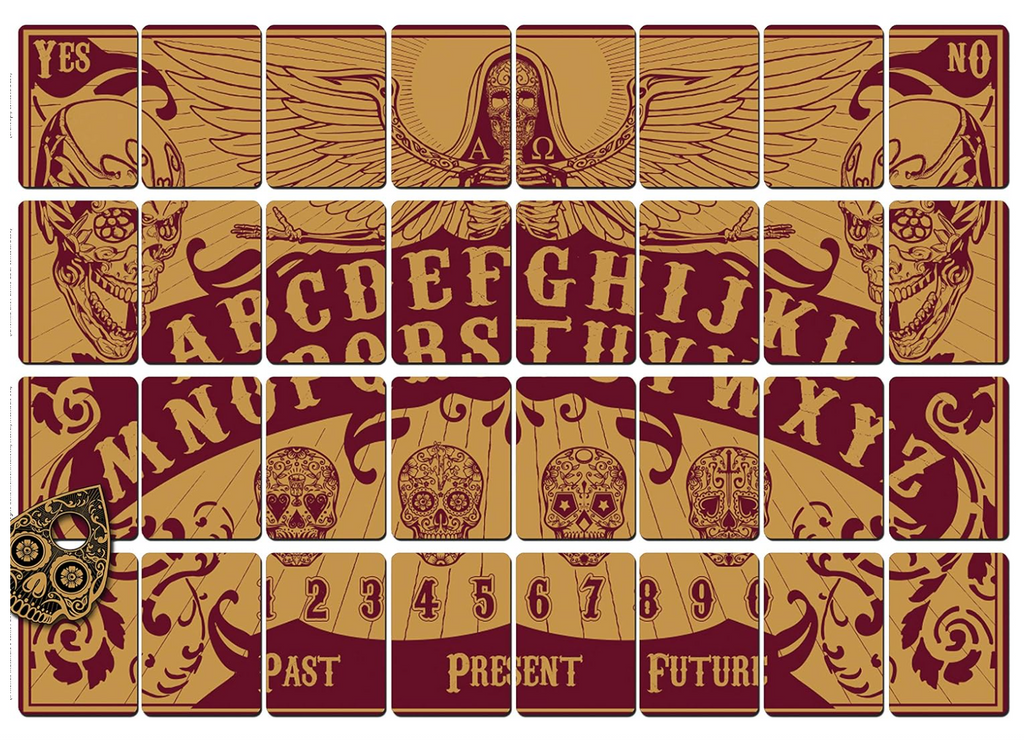 A custom talking board spread made of individual cards displaying alphabet letters, numbers, and skull motifs.