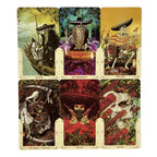 Card Showcase Grid: A multi-card layout displaying various beautifully adorned calavera and skeleton character archetypes from the deck.