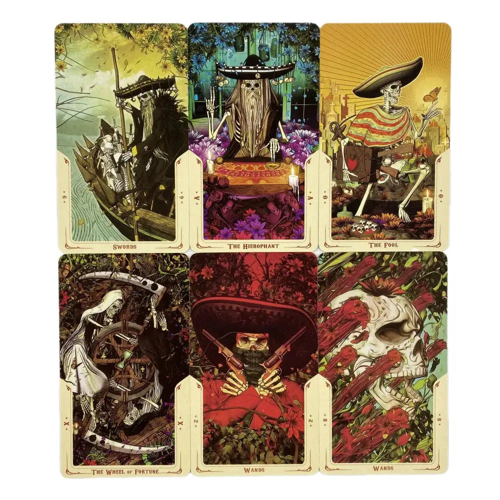 Card Showcase Grid: A multi-card layout displaying various beautifully adorned calavera and skeleton character archetypes from the deck.
