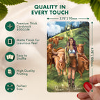 Wyspell Wild Reflections Tarot infographic highlighting 400GSM cardstock quality and dimensions of the Queen of Wands card.