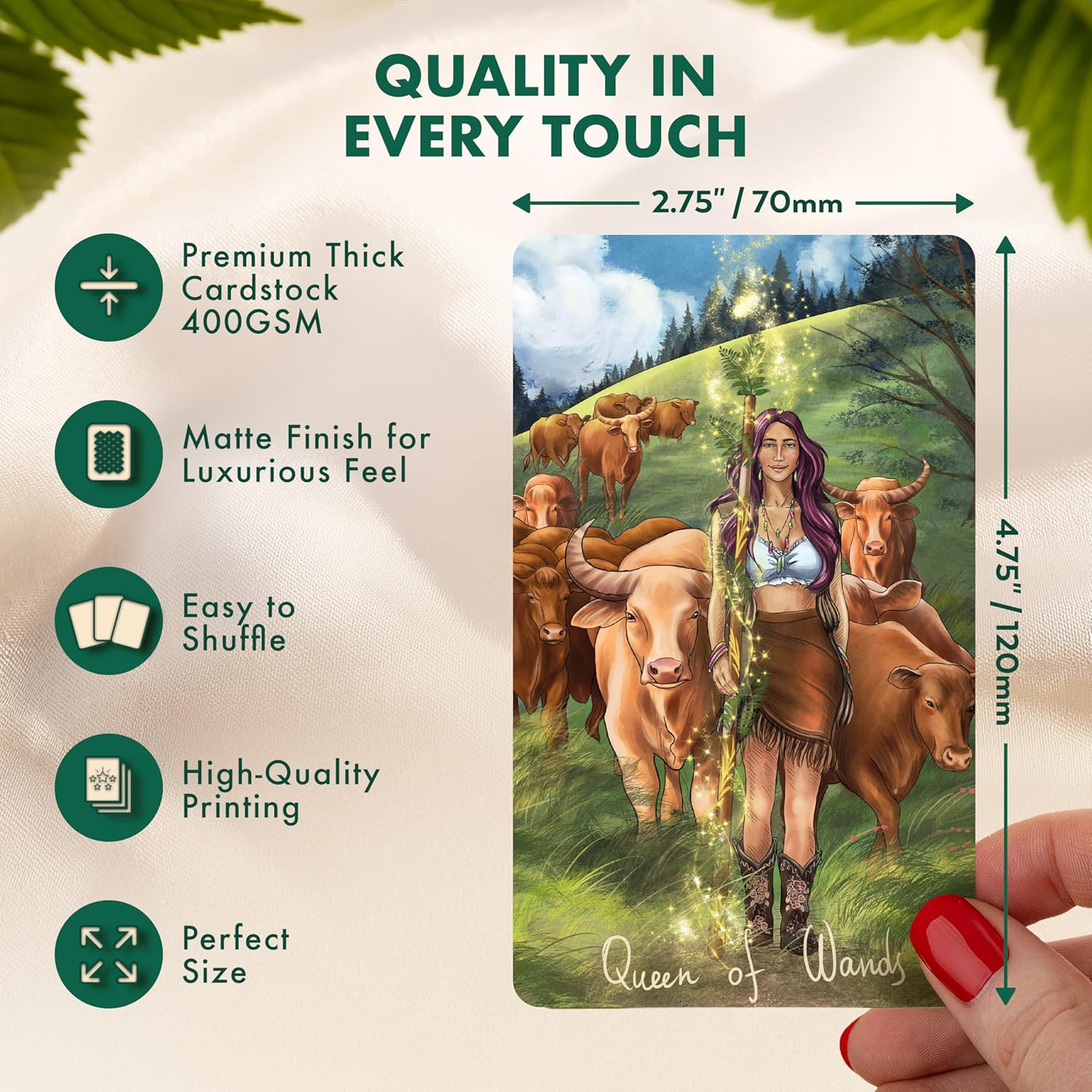 Wyspell Wild Reflections Tarot infographic highlighting 400GSM cardstock quality and dimensions of the Queen of Wands card.