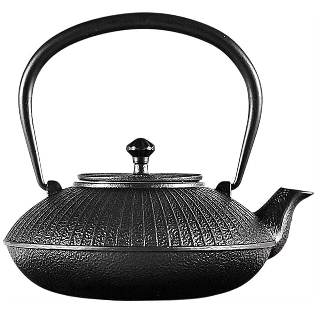 This YQBUER cast iron teapot is an authentic 1200ml Japanese tetsubin tea kettle featuring a heavy-duty textured matte black bamboo stalk exterior pattern and an ergonomic overhead folding handle. Engineered for superior thermal heat retention, the vintage iron tea pot includes a removable fine-mesh stainless steel loose leaf infuser and a matching cast iron lid with a decorative knob.