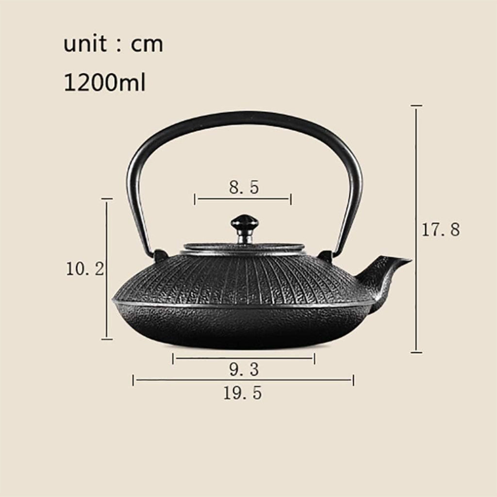 This YQBUER cast iron teapot infographic details the explicit metric dimensions of the 1200ml Japanese tetsubin tea kettle, showing a 17.8 cm total height with its overhead folding handle, a 19.5 cm total width from spout to base, and a 10.2 cm pot height. The heavy-duty textured bamboo pattern iron tea pot features a stable 9.3 cm bottom diameter and an 8.5 cm top rim lid opening optimized for easy cleaning and refilling.