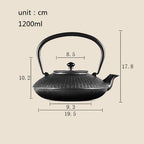 This YQBUER cast iron teapot infographic details the explicit metric dimensions of the 1200ml Japanese tetsubin tea kettle, showing a 17.8 cm total height with its overhead folding handle, a 19.5 cm total width from spout to base, and a 10.2 cm pot height. The heavy-duty textured bamboo pattern iron tea pot features a stable 9.3 cm bottom diameter and an 8.5 cm top rim lid opening optimized for easy cleaning and refilling.