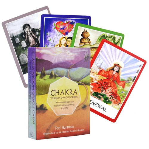 Chakra Wisdom Oracle box set designed by Tori Hartman showcasing four fanned-out oracle cards with multi-colored borders. A card with a red border displays a whimsical watercolor illustration titled Renewal, accented by a bright sunburst motif behind a seated figure.