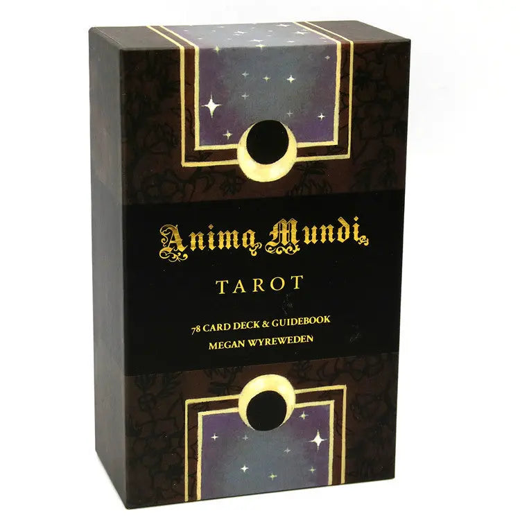 Front view of the sturdy vertical two-piece Anima Mundi Tarot box featuring gold celestial design patterns.