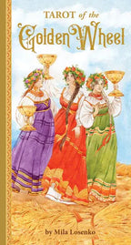 The green, purple, red and green Tarot of the Golden Wheel official guidebook cover design.