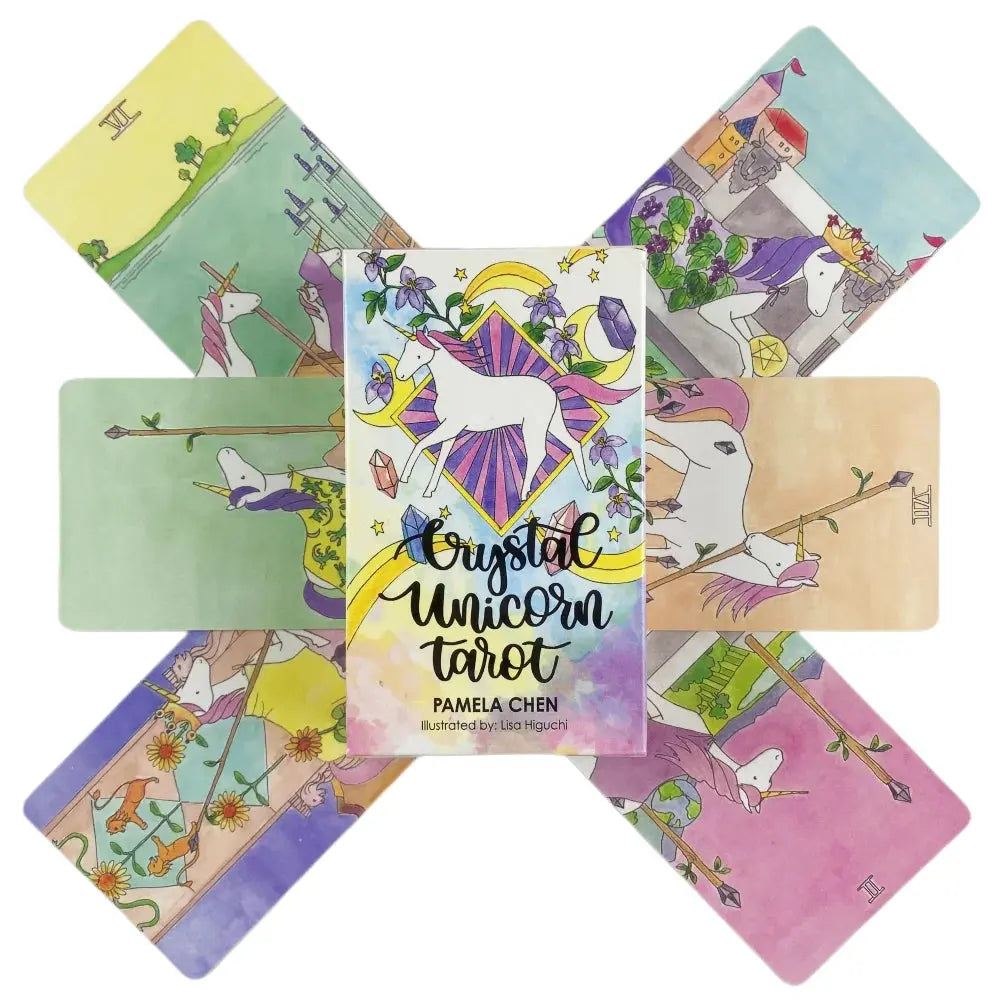Six Crystal Unicorn Tarot cards arranged in a symmetric cross shape behind the central rainbow illustrated box.